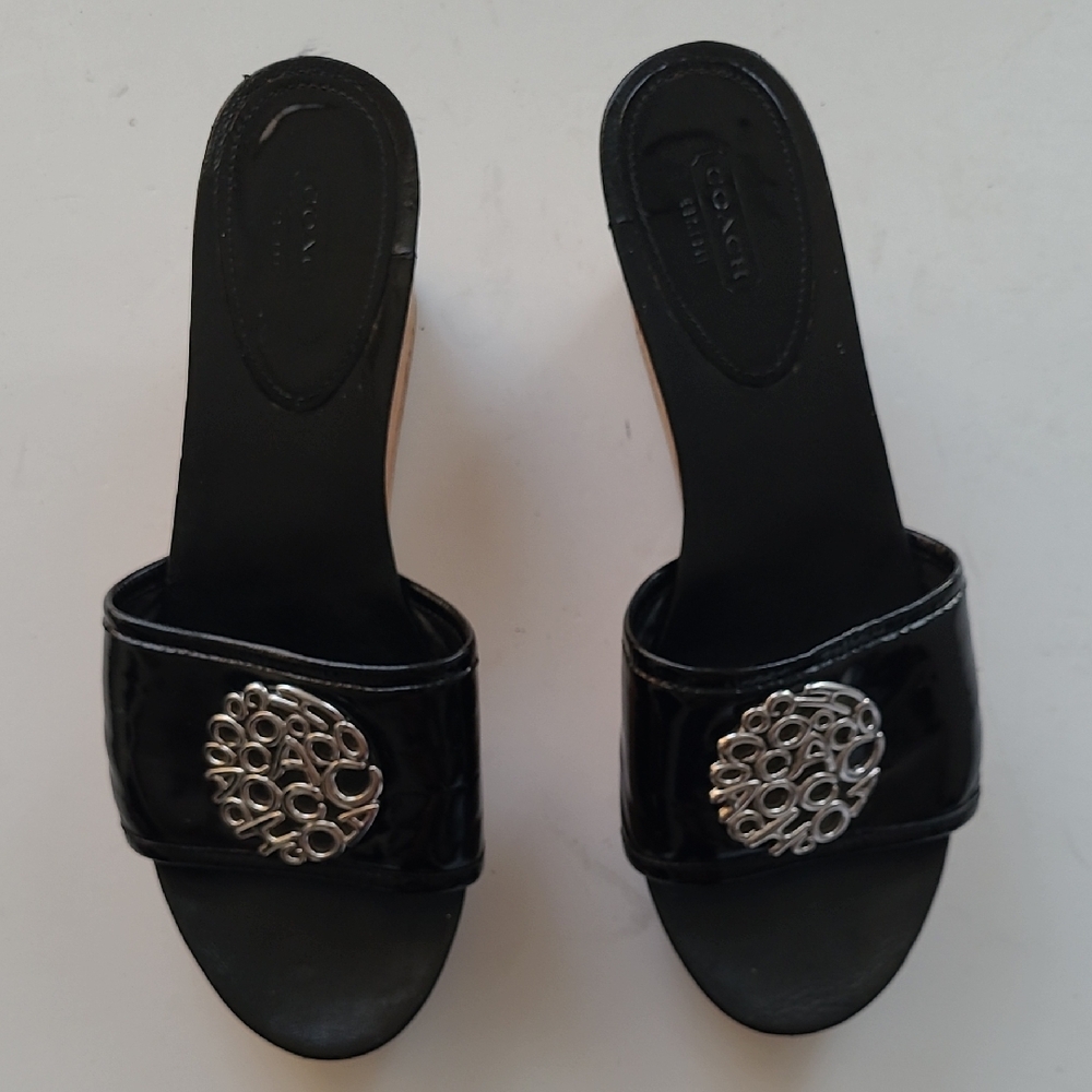 Coach Black Patent Slide Mules with Silver Medallion